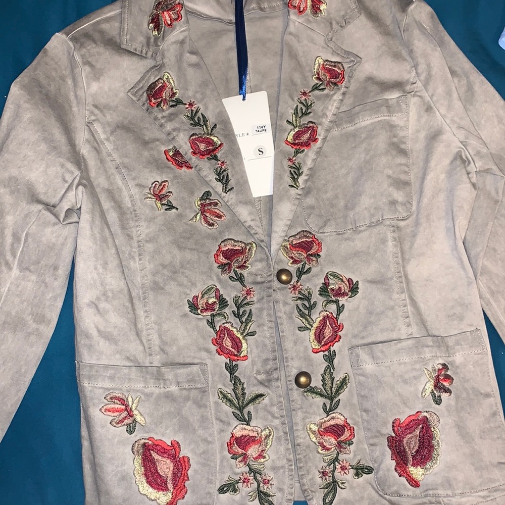 Taupe Floral Embroidered Blazer Style Jacket